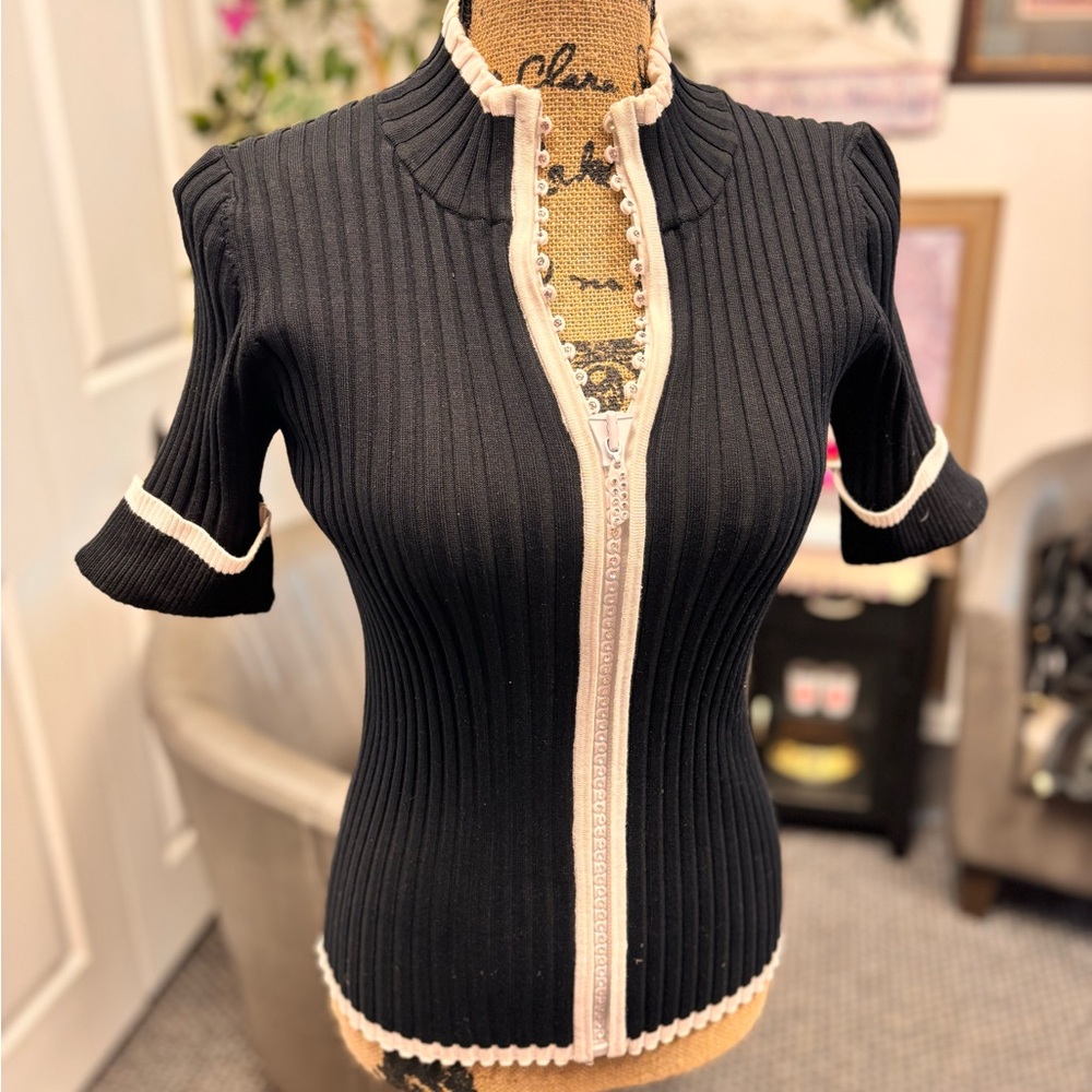 Belldini Women’s Rhinestone Ribbed Zippered Cardigan Sweater - Picture 6 of 7